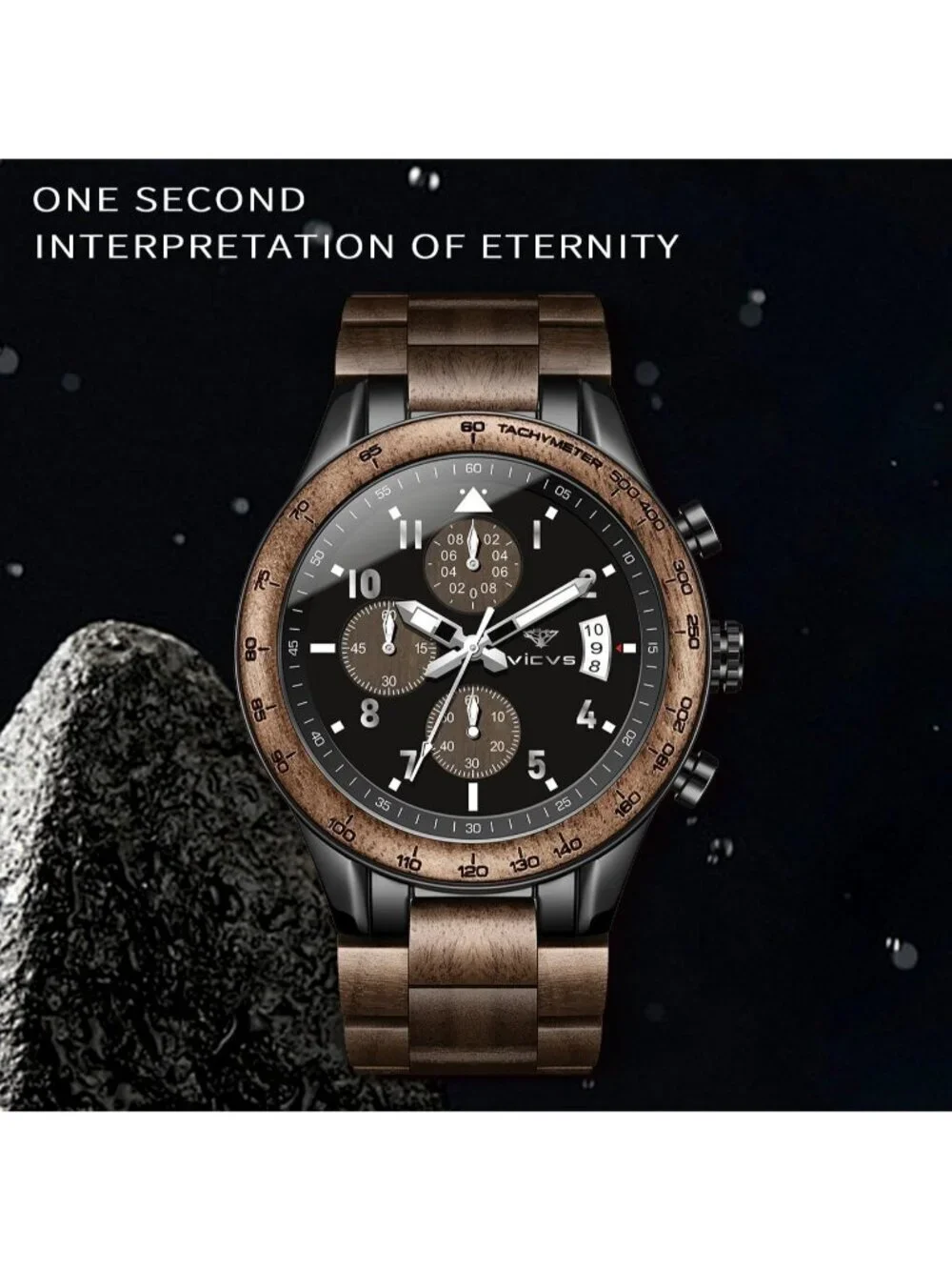Mens Brown Black Stainless Steel Chronograph Quartz Multifunctional Wooden Watch